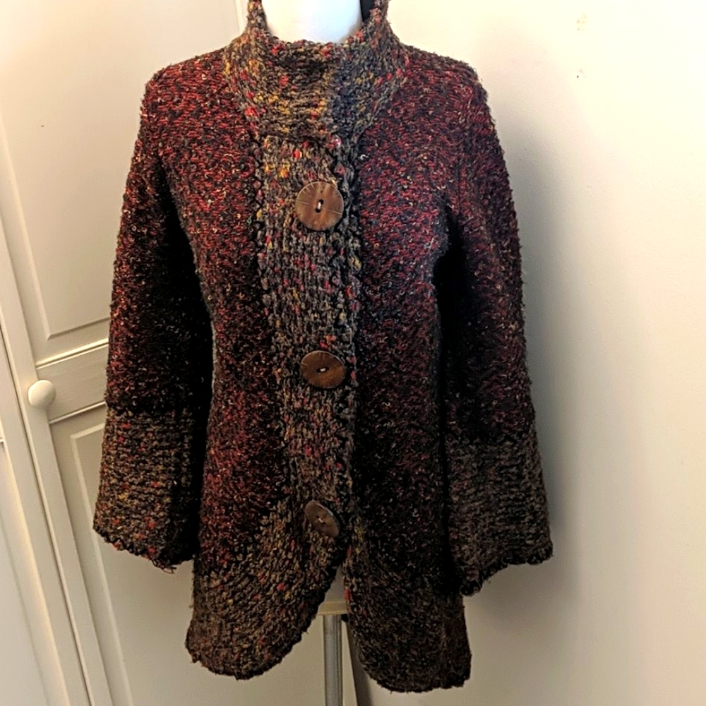 ✅Curio Vintage Knit Sweater Jacket Fall Colors Brown Red Anthro Boho Cabincore